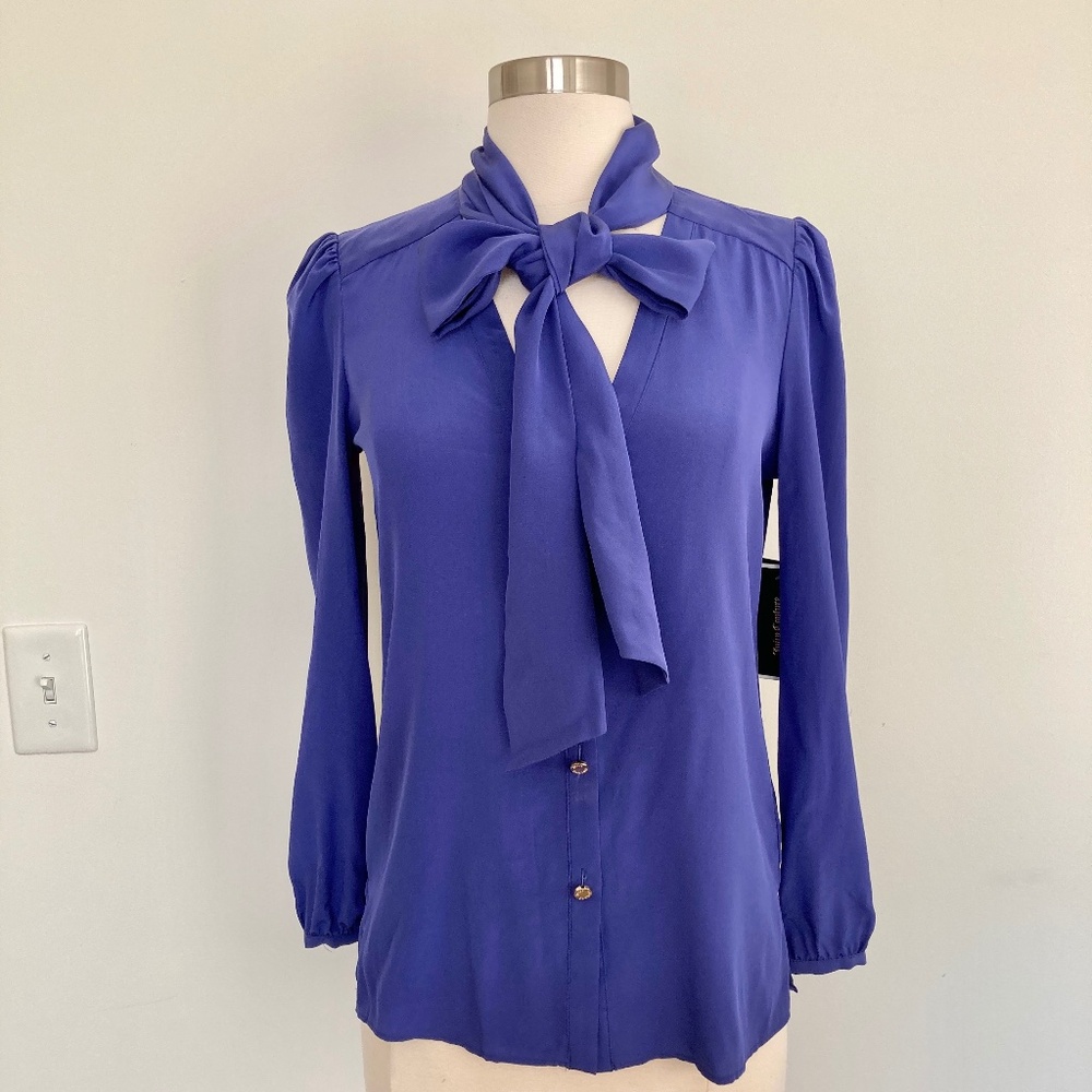 OG Juicy Couture 100% Silk Neck Tie Ruffle Blouse Button Down Shirt Royal Blue